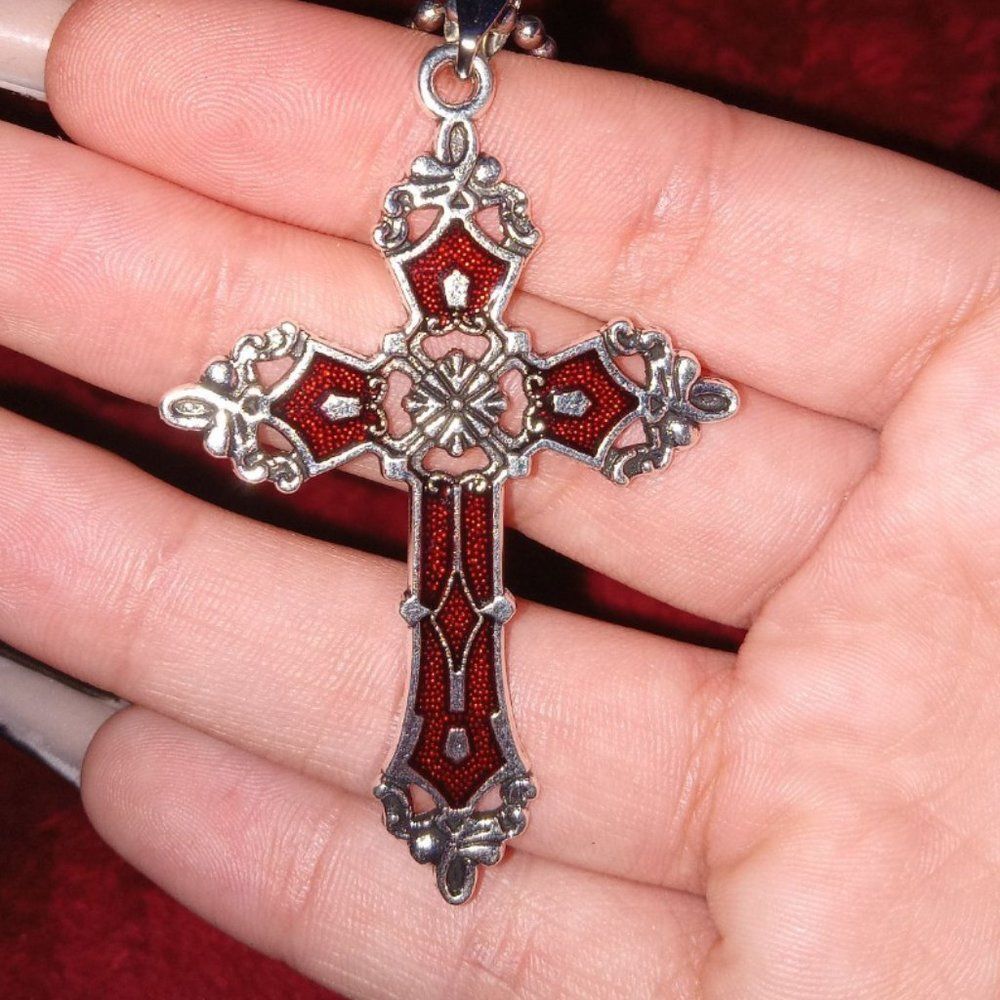 Gothic Cross Pendant Necklace RED 102J3